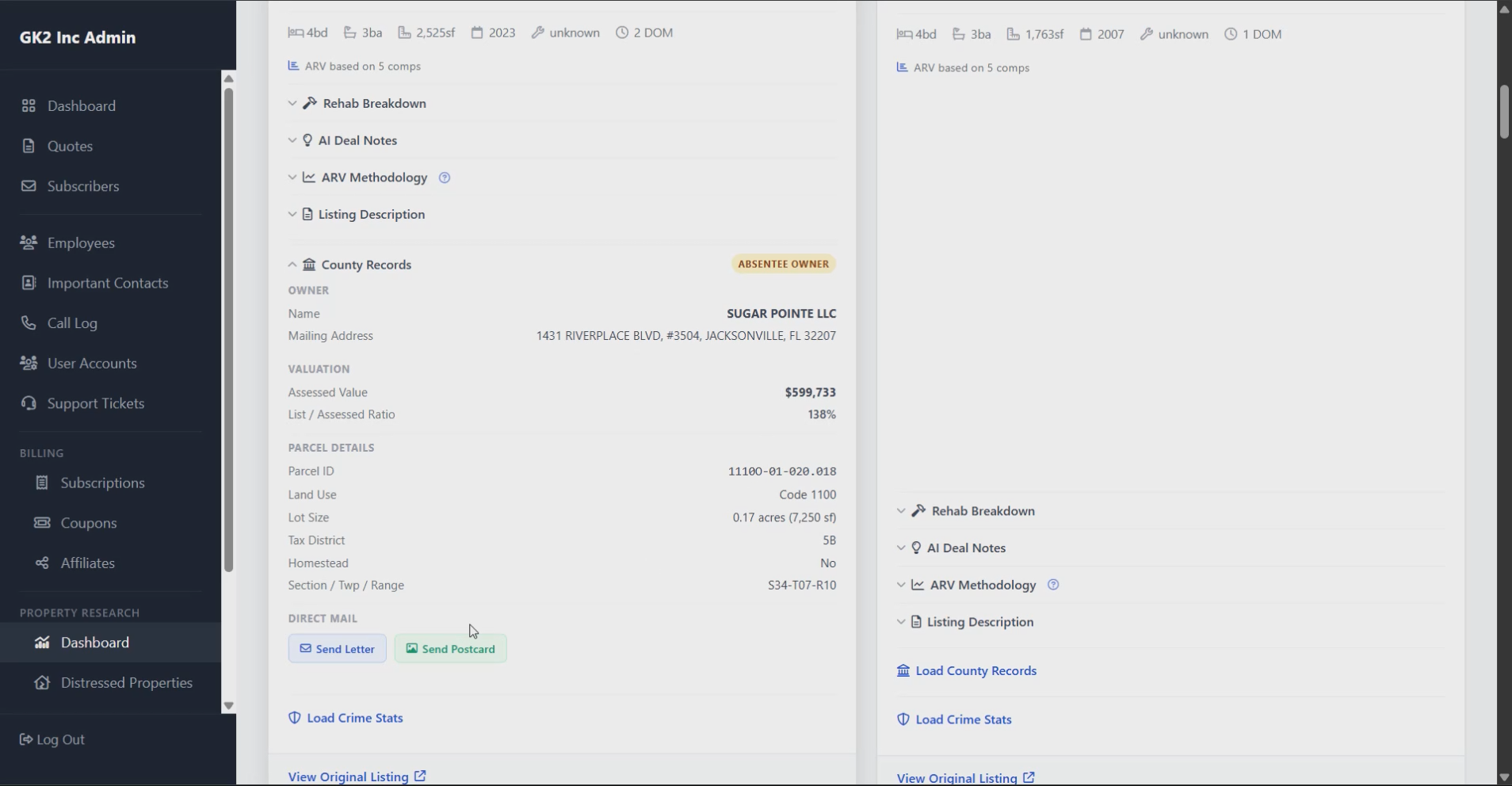 Direct mail and county records actions from the GK2 Inc demo