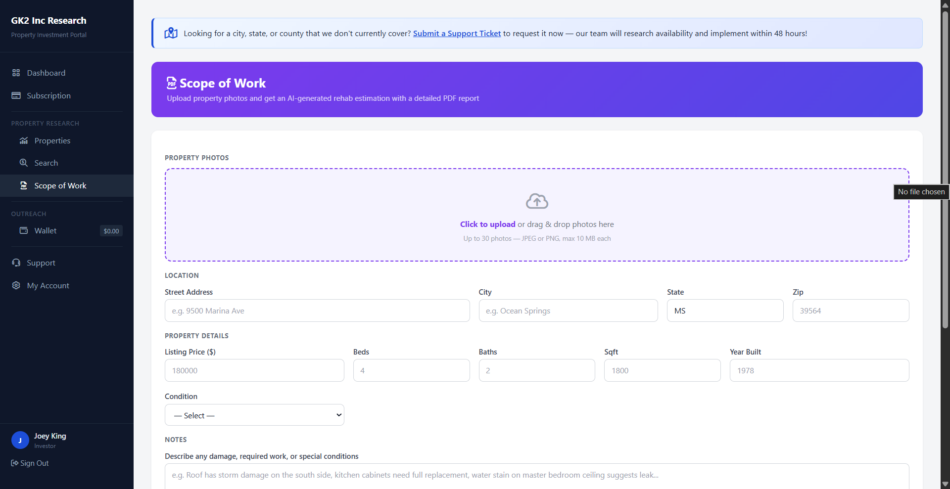 Scope of Work upload screen